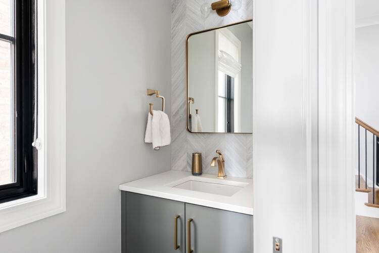 Contemporary White and Gray Half Bathroom. Gray bathroom vanity
